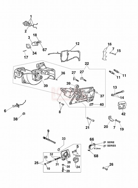 skrzynia korbowa,uszczelka,odpowietrznik,napinacz łańcucha,pompa olejowa,przewód, wąż pompy olejowej, szpilka prowadncy, filtr oleju, ostroga,, korek, części  pilarki spalinowej OleoMac 956 schemat.jpg