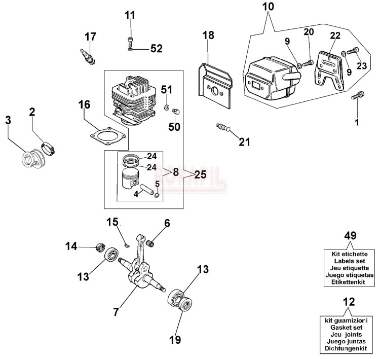 silnik - cylinder, tłok, sworzeń, pierścienie, kolektor, korbowór, uszczelniacze, łożyska, tłumik pilarki spalinowej Oleo Mac 962 - schemat.jpg