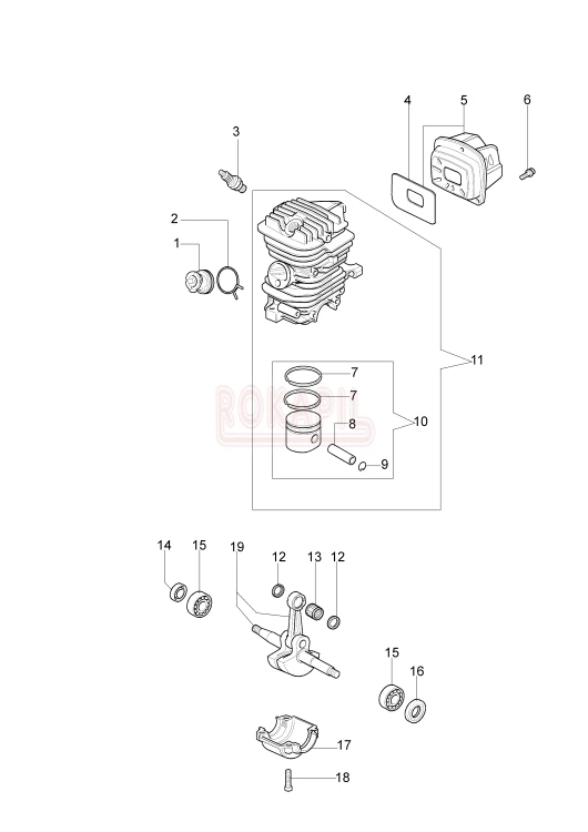 Silnik- cylinder, tłok, tłumik, pierścienie, sworzeń, korbowód, łożyska wału korbowego, uszczelniacze, miska  pilarki spalinowej Oleo Mac 941c.jpg
