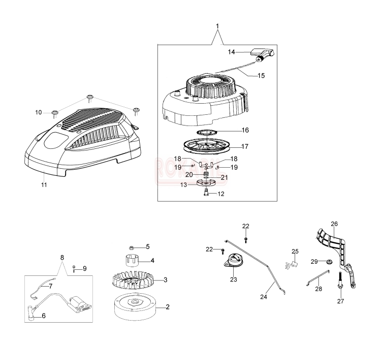 Rozrusznik, cewka, koło magnesowe, wentylator, zabieraki, pokrywa, koło linowe, zabieraki- kosiarki spalinowej Oleo- Mac G 44 PK ESSENTIAL (silnik K600- AUTOCHOKE)- schemat.PNG