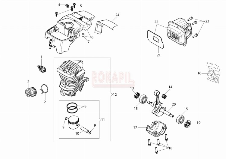 silnik części -cylinder, tłok, pierścienie, korbowód, tłumik, łożyska, uszczelniacze, dekompresor- pilarki Oleo-Mac GS 451- schemat .jpg