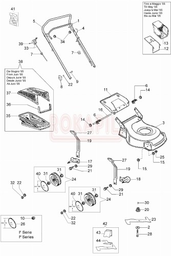 Części korpusu - nóż, piasta noża, kosz na trawę, śruba noża, linka hamulca, linka gazu , śruba, koło, klapa tylnego wylotu, sprężyna, oś, uchwyt - kosiarki spalinowej Oleo- Mac G 48 PBQ -schemat.jpg