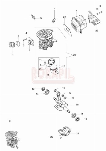 silnik części -cylinder, tłok, pierścienie, korbowód, tłumik, łożyska, uszczelniacze, dekompresor- pilarki Oleo-Mac GS 440 - schemat.jpg