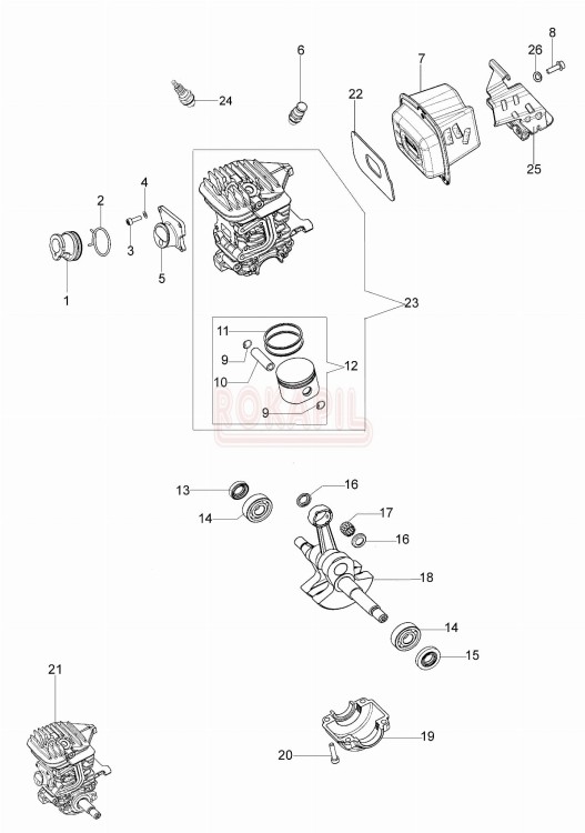 silnik części -cylinder, tłok, pierścienie, korbowód, tłumik, łożyska, uszczelniacze, dekompresor- pilarki Oleo-Mac GS 440 - schemat.jpg