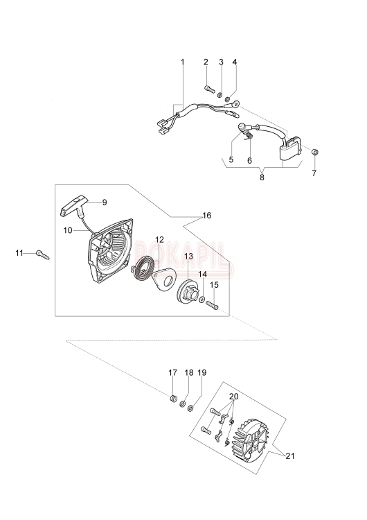 Rozrusznik, sprężyna rozrusznika, koło nawojowe, koło magnesowe, magneto, cewka zapłonowa pilarki splainowej Oleo Mac 952 - schemat.jpg