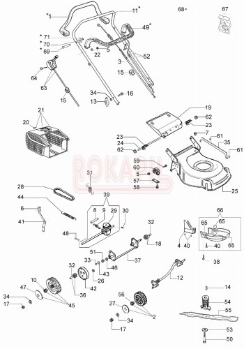 Części korpusu - nóż, piasta noża, kosz na trawę, linka gazu, linka hamulca, linka napędu, śruba, koło, pasek, przekładnia, uchwyt, dźwignia, podkładka - kosiarki spalinowej Oleo- Mac G 44 TK (K500) - schemat.jpg