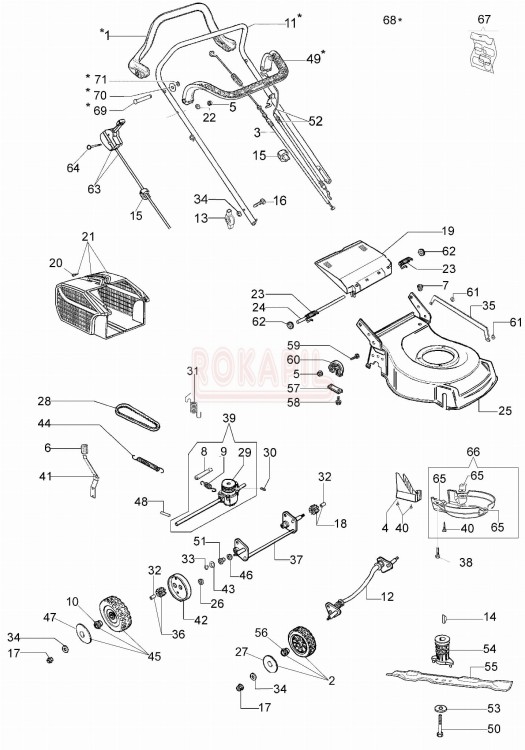 Części korpusu - nóż, piasta noża, kosz na trawę, linka gazu, linka hamulca, linka napędu, śruba, koło, pasek, przekładnia, uchwyt, dźwignia, podkładka - kosiarki spalinowej Oleo- Mac G 44 TK (K500) - schemat.jpg