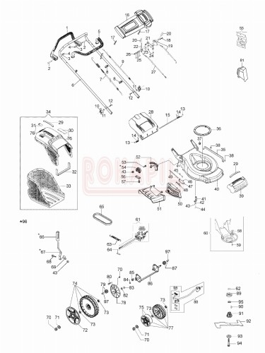 Części korpusu - nóż, piasta noża, kosz na trawę, linka hamulca, linka gazu, linka napędu przekładnia, pasek, oś, śruba, koło, uchwyt, dźwignia - kosiarki spalinowej Oleo- Mac G 53 VBD ALLROAD PLUS 4 - schemat.jpg