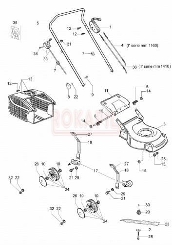 Części korpusu - nóż, piasta noża, kosz na trawę, linka gazu, śruba, koło, uchwyt, dźwignia, podkładka - kosiarki spalinowej Oleo- Mac G 44 PK (K500) - schemat.jpg