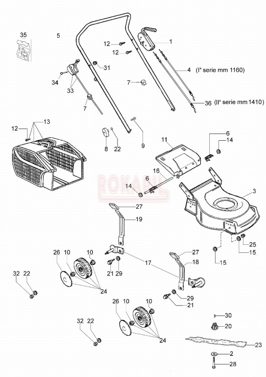 Części korpusu - nóż, piasta noża, kosz na trawę, linka gazu, śruba, koło, uchwyt, dźwignia, podkładka - kosiarki spalinowej Oleo- Mac G 44 PK (K500) - schemat.jpg