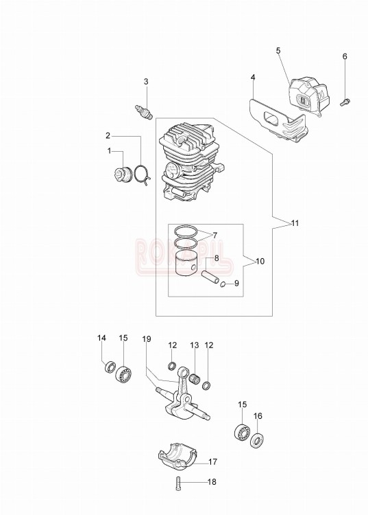 silnik - cylinder, tłok, sworzeń, pierścienie, kolektor, korbowór, uszczelniacze, łożyska, tłumik pilarki spalinowej Oleo Mac GS 370 - schemat.jpg