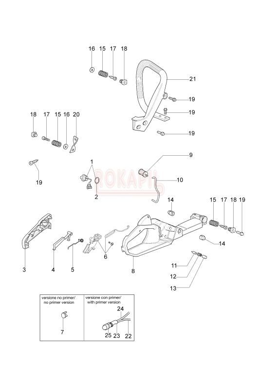Zbiornik paliwa, uchwyt pilarki, amortyzator, amortyzatory, dźwignia gazu,  korek paliwa pilarki spalinowej OleoMac  937.jpg