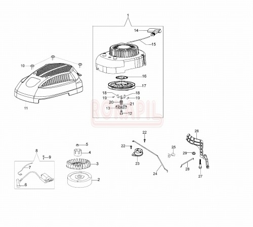 Rozrusznik, cewka, koło magnesowe, wentylator, zabieraki, pokrywa, koło linowe, zabieraki- kosiarki spalinowej Oleo- Mac G 44 PK COMFORT (K600-AUTOCHOKE) - schemat .jpg