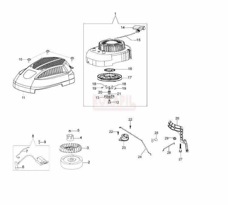 Rozrusznik, cewka, koło magnesowe, wentylator, zabieraki, pokrywa, koło linowe, zabieraki- kosiarki spalinowej Oleo- Mac G 44 PK COMFORT (K600-AUTOCHOKE) - schemat .jpg