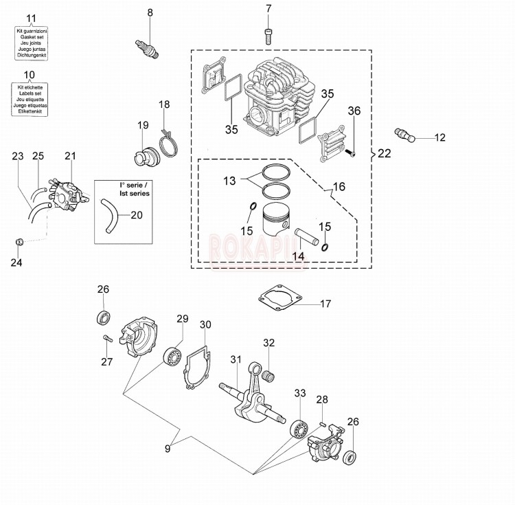 silnik - cylinder, tłok, sworzeń, pierścienie, gaźnik , kolektor, korbowór, uszczelniacze, łożyska pilarki spalinowej Oleo Mac 952 - schemat 1.jpg