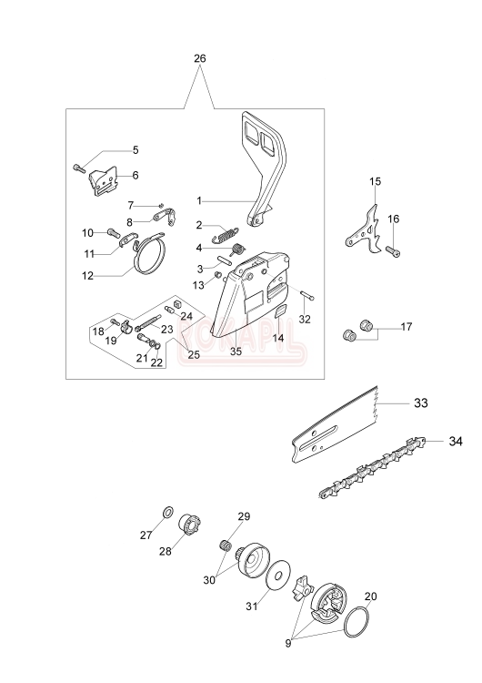 Hamulec, osłona łańcucha, napinacz łańcucha, sprężyna hamulca, ostroga, prowadnica, łańcuch pilarka spalinowa Oleo Mac 947 - schemat.PNG