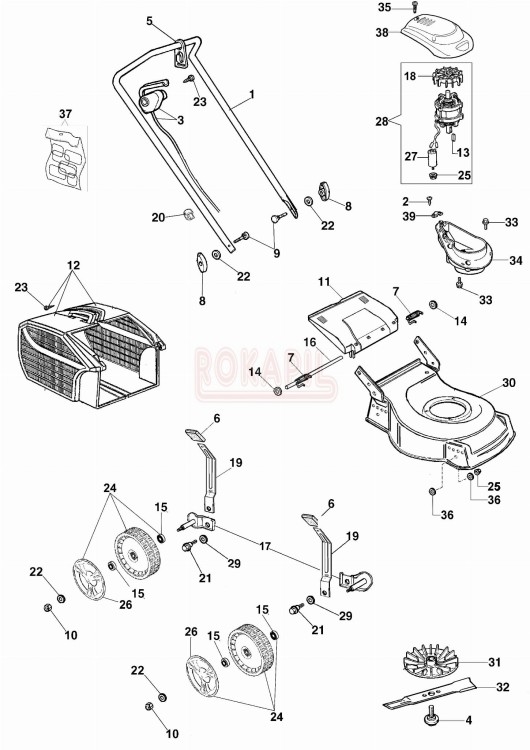 Części - koło, kosz na trawę, nóż, uchwyt noża, deflektor, oś, śruba, podkładka do kosiarki elektrycznej Oleo-Mac G 44 PE Comfort Plus- schemat.jpg