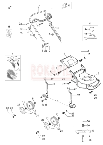 Części korpusu - nóż, piasta noża, kosz na trawę, linka hamulca, linka gazu, linka napędu, przekładnia, pasek, oś, śruba, koło, uchwyt, dźwignia, podkładka - kosiarki spalinowej Oleo- Mac G 53 PBX COMFORT PLUS- schemat.PNG