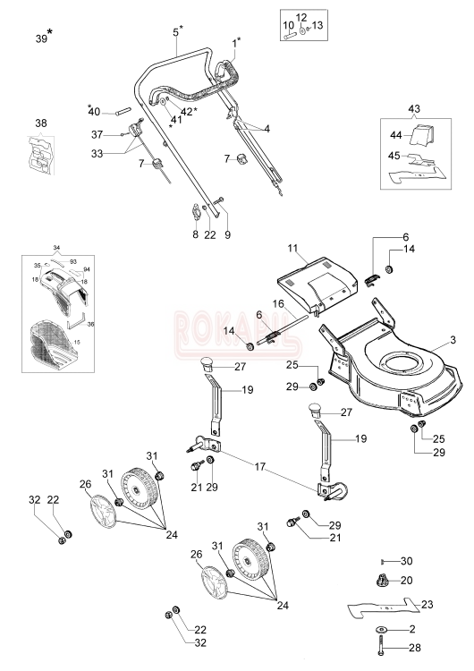 Części korpusu - nóż, piasta noża, kosz na trawę, linka hamulca, linka gazu, linka napędu, przekładnia, pasek, oś, śruba, koło, uchwyt, dźwignia, podkładka - kosiarki spalinowej Oleo- Mac G 53 PBX COMFORT PLUS- schemat.PNG