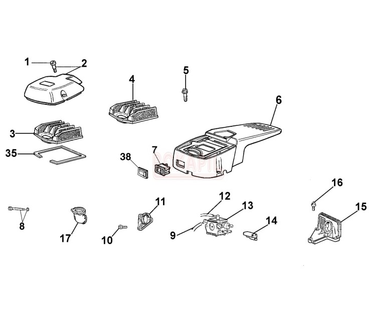 Filtr powietrza, gaźnik, podtswa filtra, osłona górna, kolektor części pilarki spalinowej OleoMAc 956 - schemat .jpg