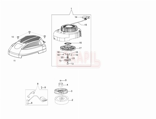 Rozrusznik, cewka, koło magnesowe, wentylator, zabieraki, pokrywa, koło linowe, zabieraki - kosiarki spalinowej Oleo- Mac G 44 TK (K500)- schemat.jpg