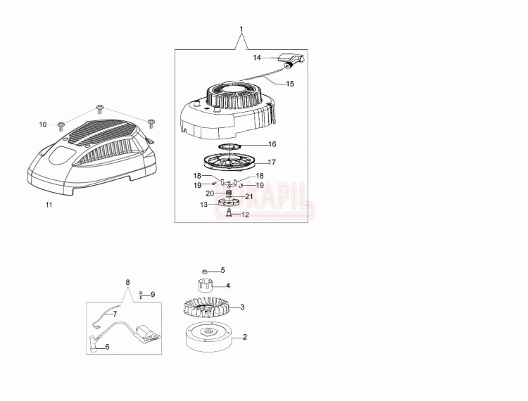 Rozrusznik, cewka, koło magnesowe, wentylator, zabieraki, pokrywa, koło linowe, zabieraki - kosiarki spalinowej Oleo- Mac G 44 TK (K500)- schemat.jpg
