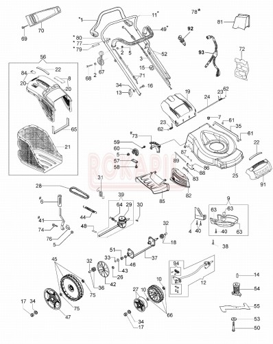 Części korpusu - nóż, piasta noża, kosz na trawę, śruba noża, linka hamulca, linka gazu , śruba, koło - kosiarki Oleo- Mac G 48 tBXE ALLROAD PLUS 4 produkcja 2018 -schemat.jpg