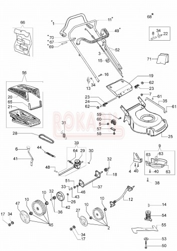 Części korpusu - nóż, piasta noża, kosz na trawę, linka hamulca, linka gazu , śruba, koło - kosiarki spalinowej Oleo- Mac G48TBQ COMFORT - schemat .jpg