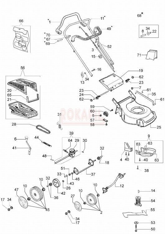 Części korpusu - nóż, piasta noża, kosz na trawę, linka hamulca, linka gazu , śruba, koło - kosiarki spalinowej Oleo- Mac G48TBQ COMFORT - schemat .jpg