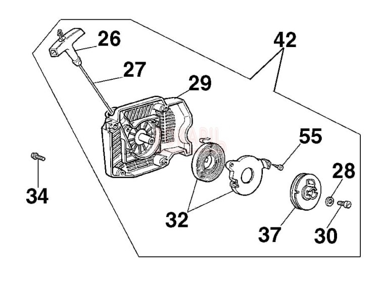 Rozrusznik, sprężyna rozrusznika, koło nawojowe, linowe, śruba, uchwyt, linka części pilarki spalinowej Oleo Mac 956 - schemat.jpg