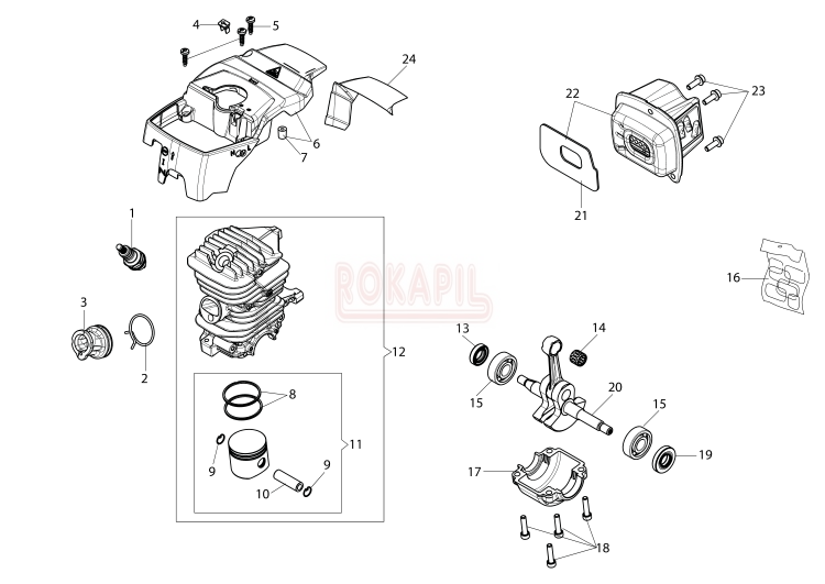 silnik części -cylinder, tłok, pierścienie, korbowód, tłumik, łożyska, uszczelniacze- pilarki Oleo-Mac GS 411 - schemat.jpg