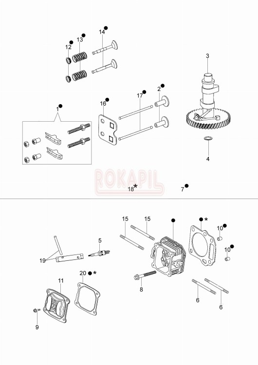 Cylinder, uszczelka cylindra, świeca, pokrywa, szpilka, śruba, cięgno, zawór, wałek rozrządu - kosiarki spalinowej Oleo- Mac G 44 TK (K500)- schemat.jpg