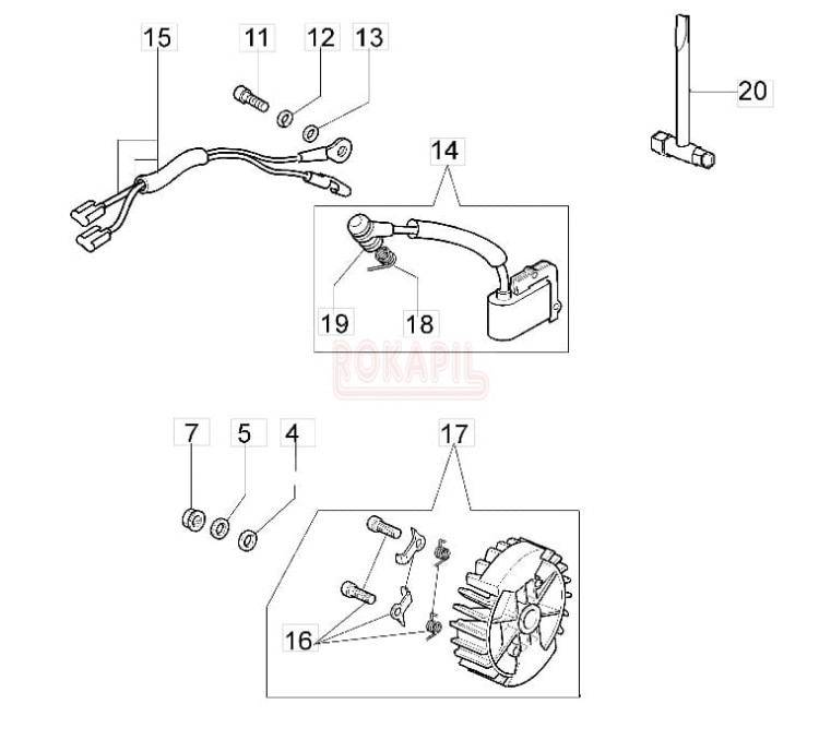 Układ zapłonowy, cewka zapłonowa, koła magnesowe, magneto pilarki spalinowej OleoMAc 937.jpg