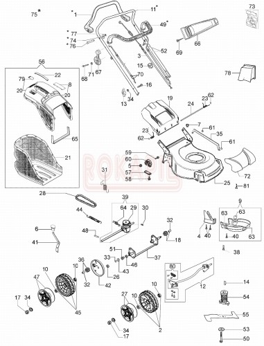Części korpusu - nóż, piasta noża, kosz na trawę, linka hamulca, linka gazu, linka napędu przekładnia, pasek, oś, śruba, koło, uchwyt, dźwignia- kosiarki spalinowej Oleo- Mac G 53 TBX COMFORT PLUS 2018r. - schemat.jpg