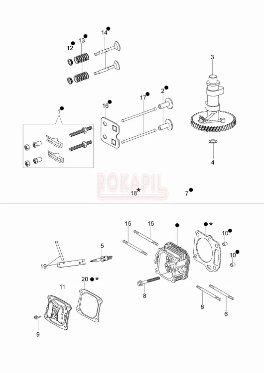 Cylinder, uszczelka cylindra, świeca, pokrywa, szpilka, śruba, cięgno, zawór, wałek rozrządu- kosiarki spalinowej Oleo- Mac G 44 TK (K500 - AUTOCHOKE)- schemat.jpg