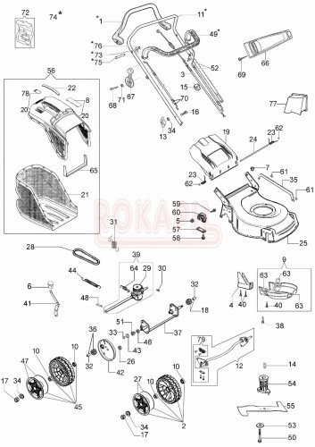 Części korpusu - nóż, piasta noża, kosz na trawę, linka hamulca, linka gazu , śruba, koło - kosiarki spalinowej Oleo- Mac G48TBX COMFORT PLUS  - schemat .jpg