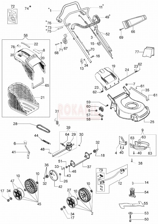 Części korpusu - nóż, piasta noża, kosz na trawę, linka hamulca, linka gazu , śruba, koło - kosiarki spalinowej Oleo- Mac G48TBX COMFORT PLUS  - schemat .jpg