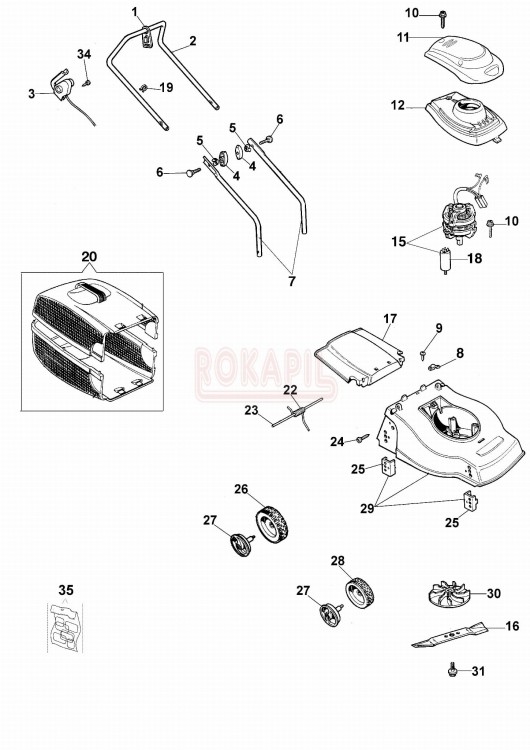 Części - silnik, kosz na trawę, korpus, koła, nóż, uchwyt noża kosiarki elektryccznej Oleo-Mac K 35 P - schemat.jpg
